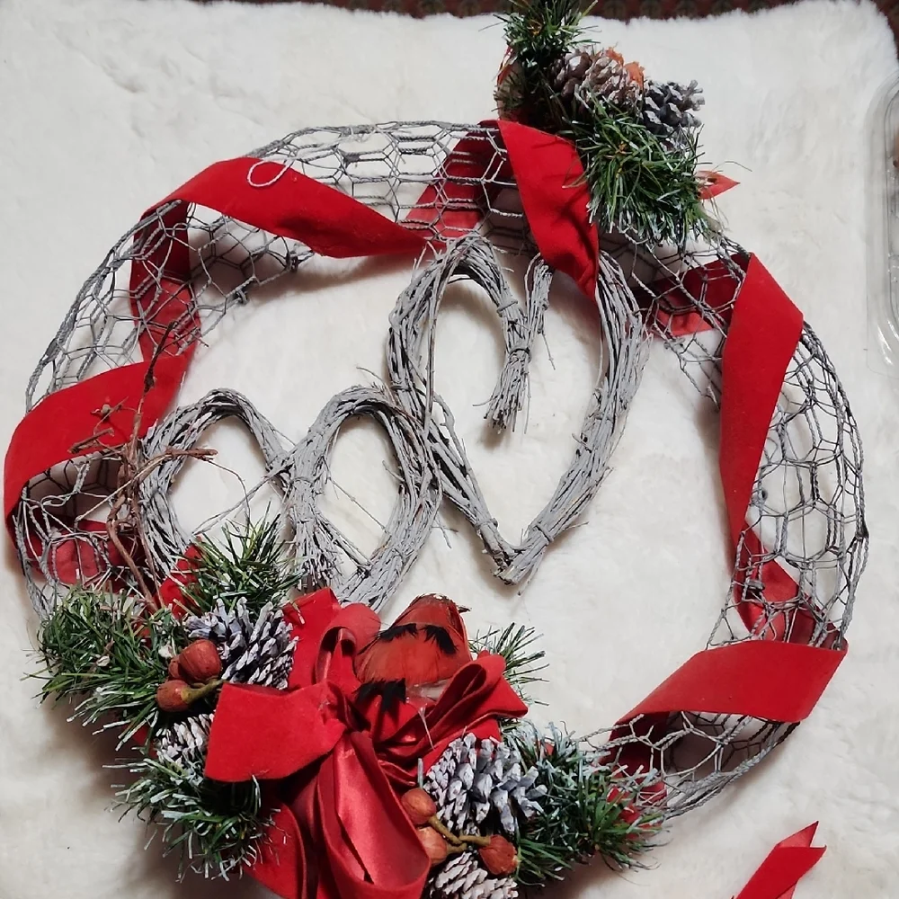 Festive Red and Green Holiday Wreath-- Wire Circle.